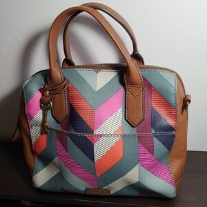 Multicolored Fossil Leather Satchel w/ Crossbody Strap